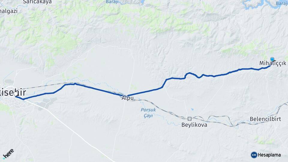 Eskişehir Mihalıççık Odunpazarı Arası Kaç Km - Yol Haritası