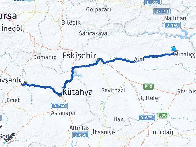 Eskişehir Mihalıççık Tavşanlı Kütahya Arası Kaç Km - Yol Haritası