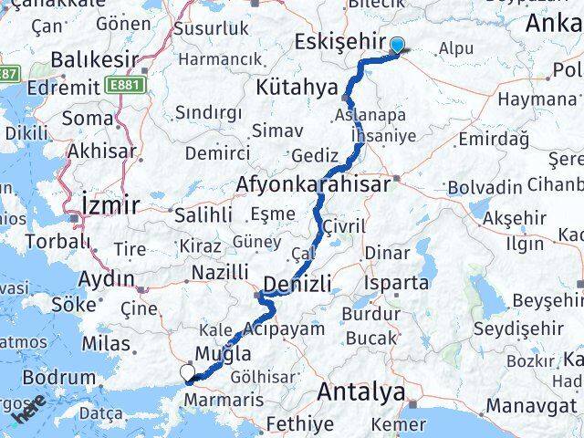 Eskişehir Odunpazarı Akyaka Ula Muğla Arası Kaç Km - Yol Haritası