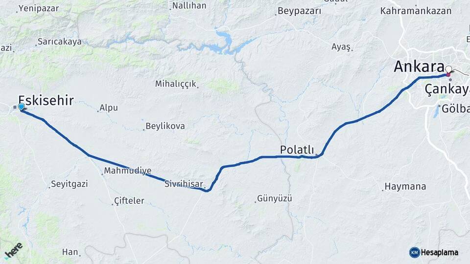 Eskişehir Odunpazarı Ankara Arası Kaç Km - Yol Haritası