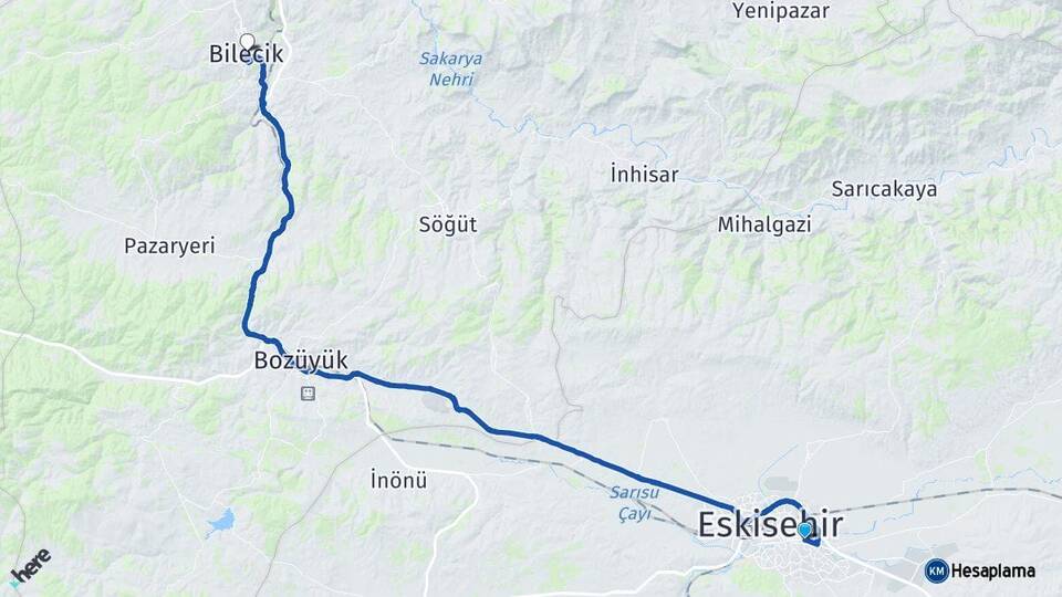 Eskişehir Odunpazarı Bilecik Arası Kaç Km - Yol Haritası