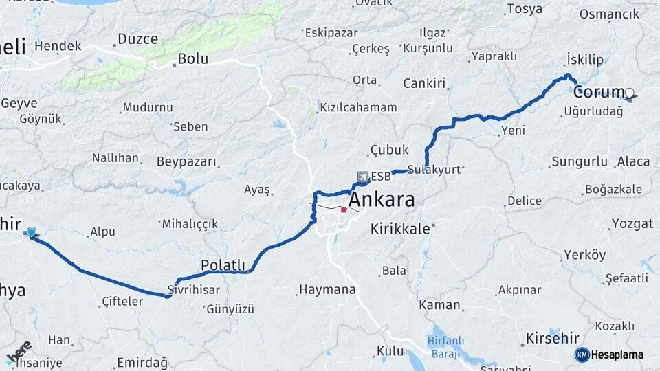 Eskişehir Odunpazarı Çorum Arası Kaç Km - Yol Haritası