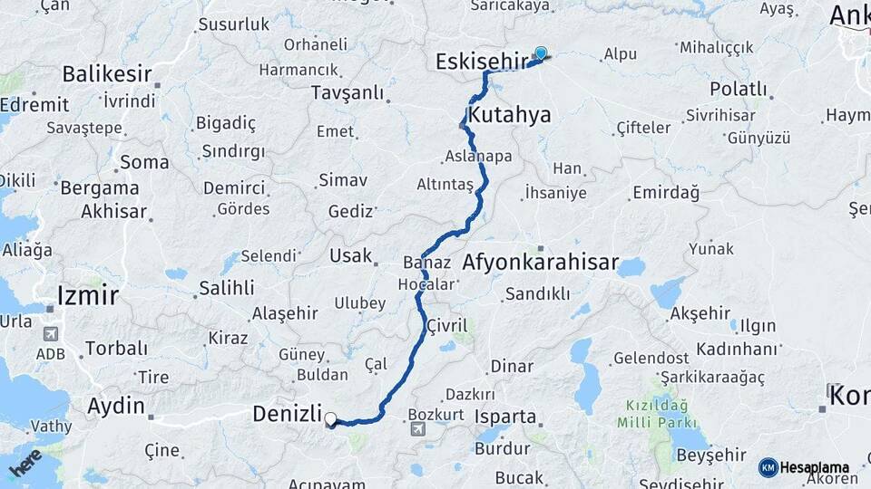 Eskişehir Odunpazarı Denizli Arası Kaç Km - Yol Haritası