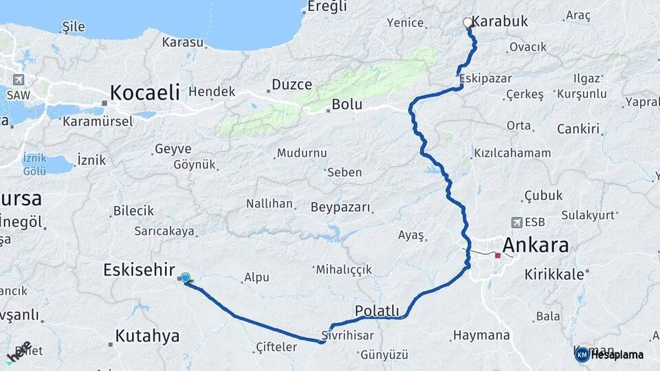 Eskişehir Odunpazarı Karabük Arası Kaç Km - Yol Haritası