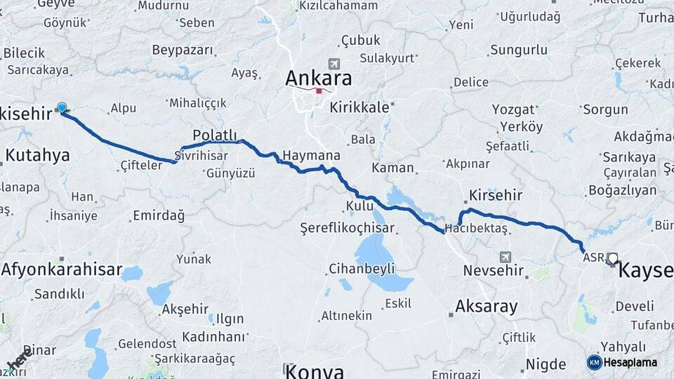 Eskişehir Odunpazarı Kayseri Arası Kaç Km - Yol Haritası
