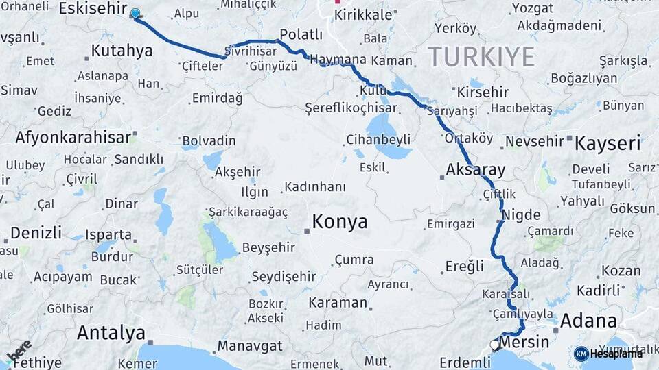 Eskişehir Odunpazarı Mersin Arası Kaç Km - Yol Haritası