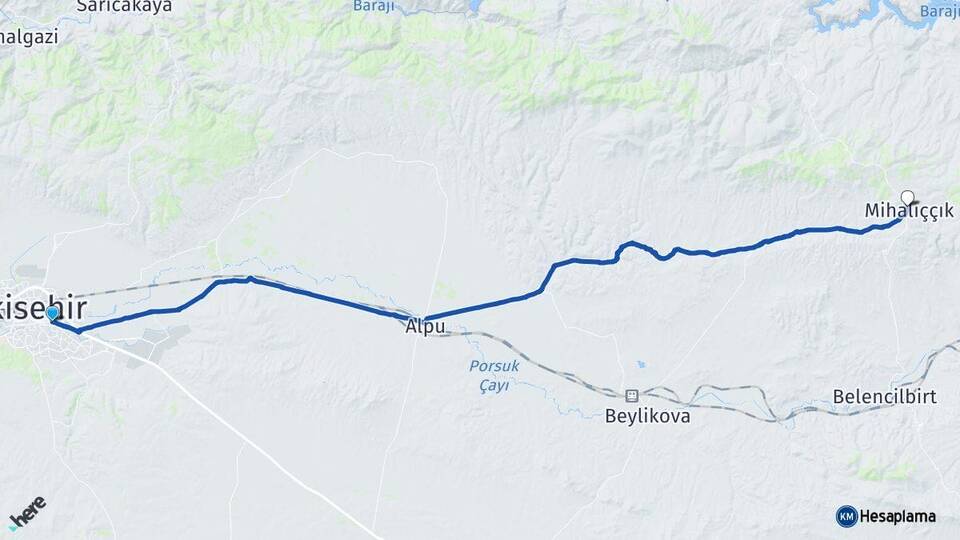 Eskişehir Odunpazarı Mihalıççık Arası Kaç Km - Yol Haritası