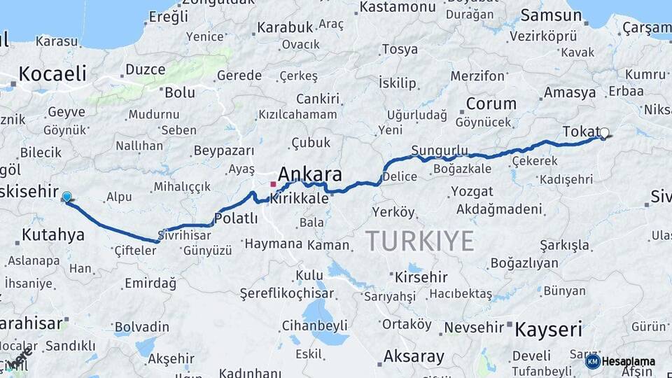 Eskişehir Odunpazarı Tokat Arası Kaç Km - Yol Haritası