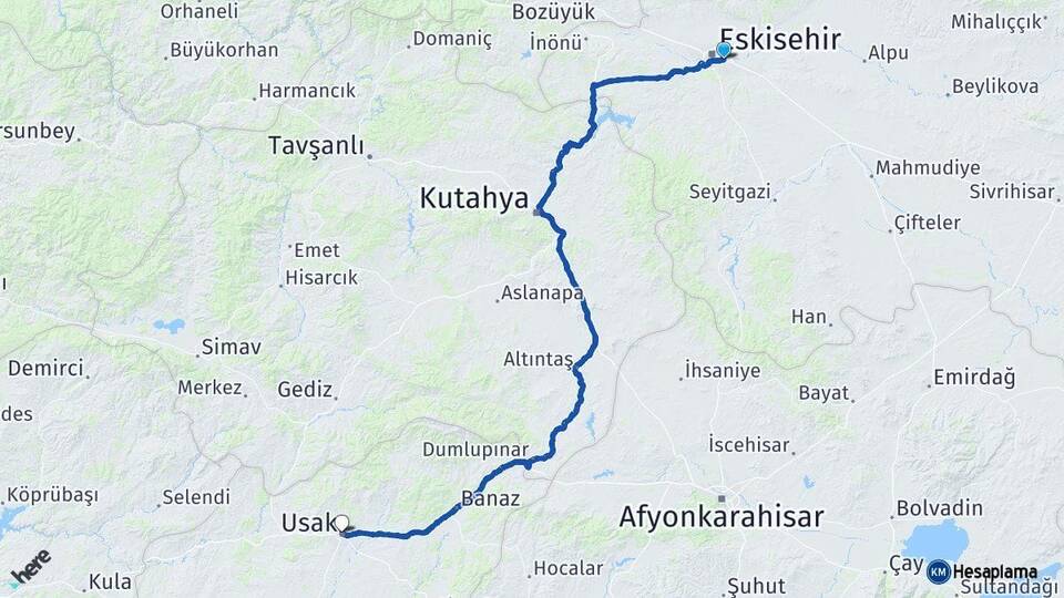 Eskişehir Odunpazarı Uşak Arası Kaç Km - Yol Haritası