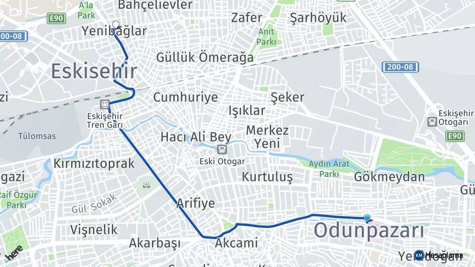 Eskişehir Odunpazarı Yenibağlar Tepebaşı Arası Kaç Km - Yol Haritası