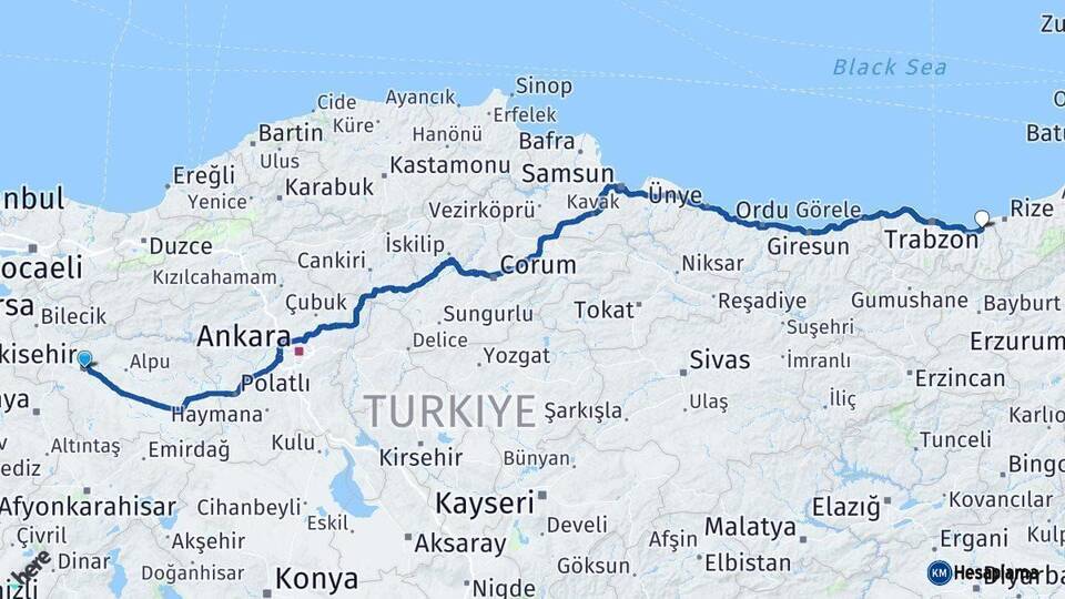 Eskişehir Of Trabzon Arası Kaç Km - Yol Haritası