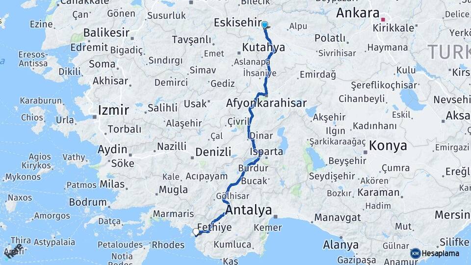 Eskişehir Ölüdeniz Fethiye Muğla Arası Kaç Km - Yol Haritası