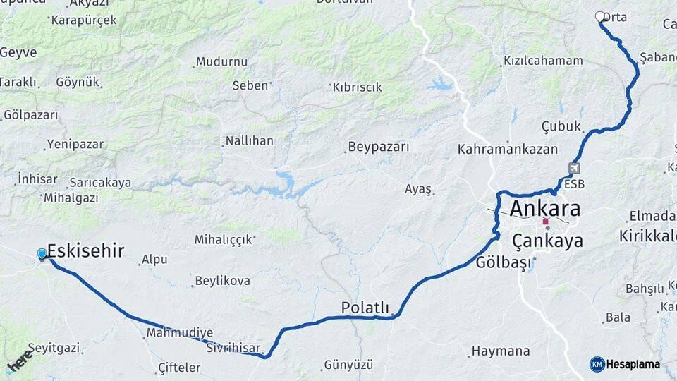 Eskişehir Orta Çankırı Arası Kaç Km - Yol Haritası