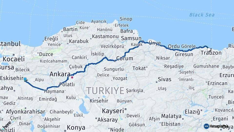 Eskişehir Ortahisar Trabzon Arası Kaç Km - Yol Haritası