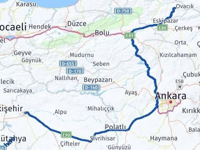 Eskişehir Ovacık Karabük Arası Kaç Km - Yol Haritası