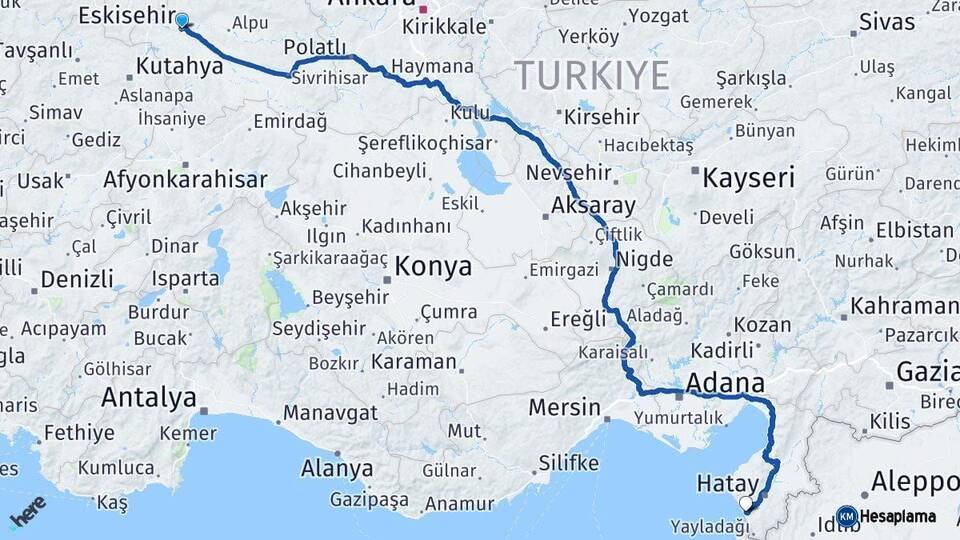 Eskişehir Samandağ Hatay Arası Kaç Km - Yol Haritası