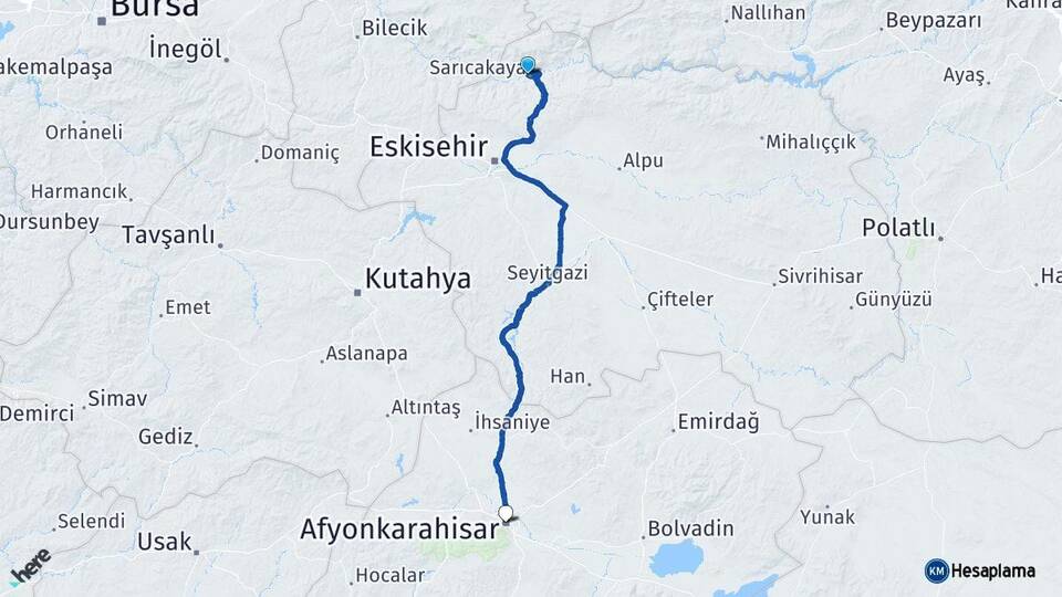 Eskişehir Sarıcakaya Afyonkarahisar Arası Kaç Km - Yol Haritası