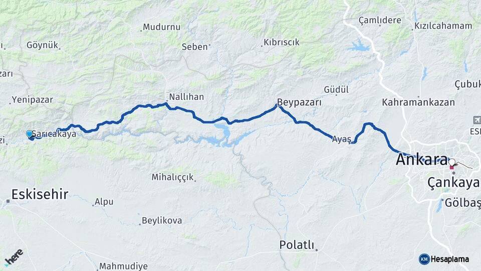 Eskişehir Sarıcakaya Ankara Arası Kaç Km - Yol Haritası