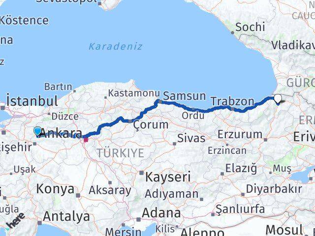 Eskişehir Sarıcakaya Artvin Arası Kaç Km - Yol Haritası