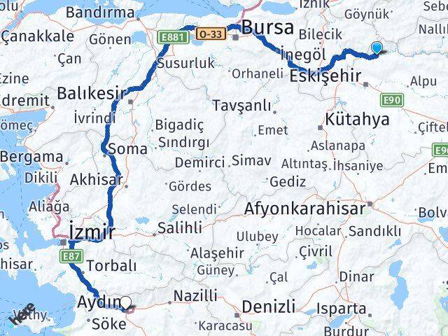 Eskişehir Sarıcakaya Aydın Arası Kaç Km - Yol Haritası