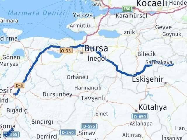 Eskişehir Sarıcakaya Balıkesir Arası Kaç Km - Yol Haritası