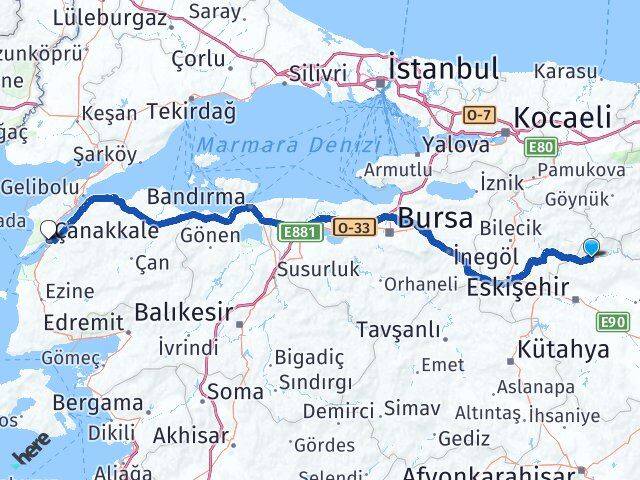 Eskişehir Sarıcakaya Çanakkale Arası Kaç Km - Yol Haritası