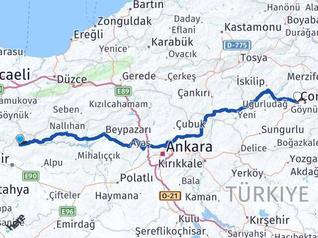 Eskişehir Sarıcakaya Çorum Arası Kaç Km - Yol Haritası