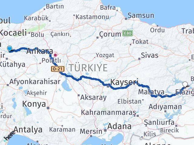 Eskişehir Sarıcakaya Elazığ Arası Kaç Km - Yol Haritası