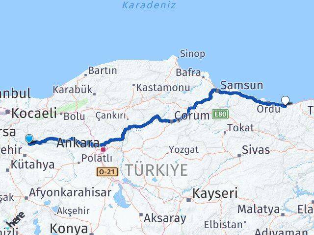 Eskişehir Sarıcakaya Giresun Arası Kaç Km - Yol Haritası