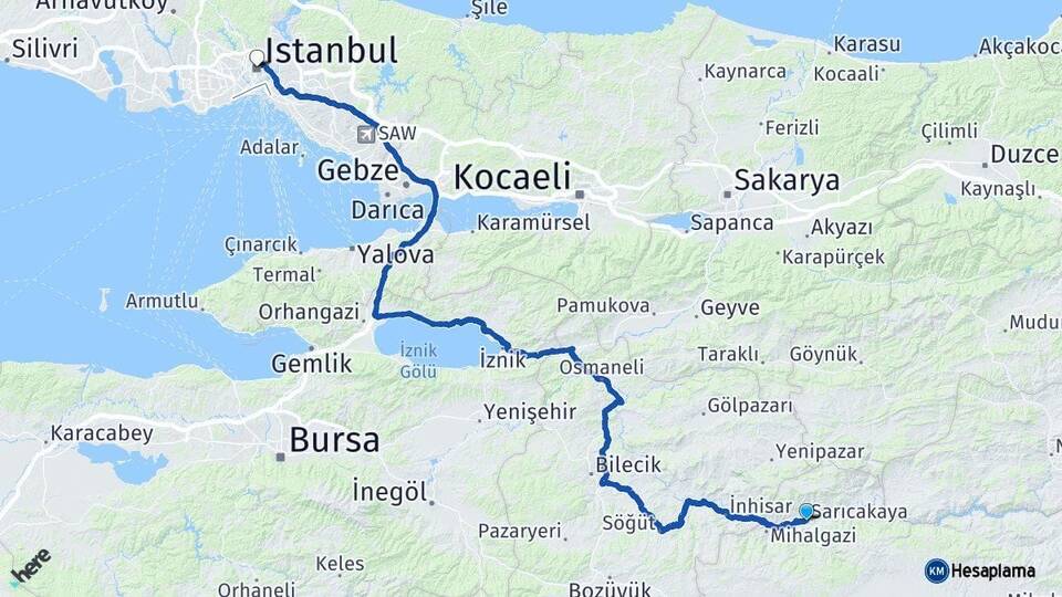 Eskişehir Sarıcakaya İstanbul Arası Kaç Km - Yol Haritası