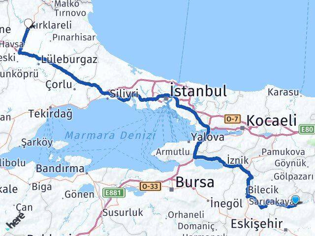 Eskişehir Sarıcakaya Kırklareli Arası Kaç Km - Yol Haritası