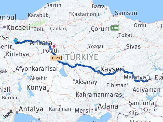 Eskişehir Sarıcakaya Malatya Arası Kaç Km - Yol Haritası
