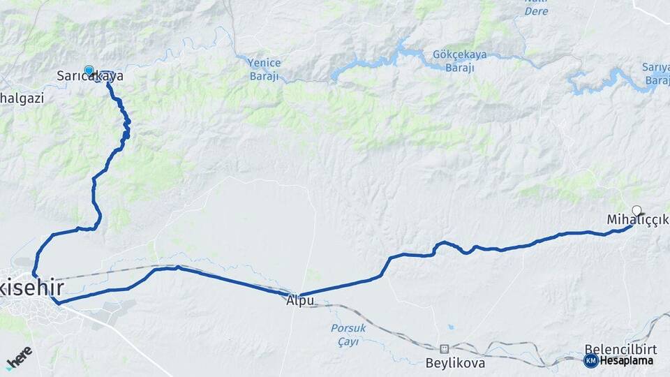 Eskişehir Sarıcakaya Mihalıççık Arası Kaç Km - Yol Haritası