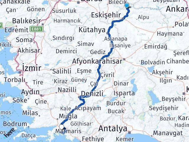 Eskişehir Sarıcakaya Muğla Arası Kaç Km - Yol Haritası