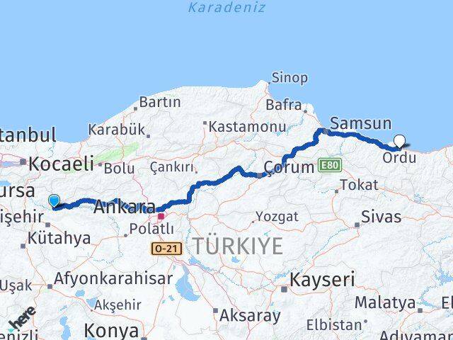 Eskişehir Sarıcakaya Ordu Arası Kaç Km - Yol Haritası