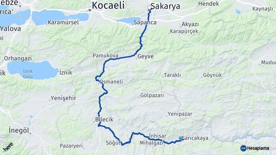 Eskişehir Sarıcakaya Sakarya Arası Kaç Km - Yol Haritası
