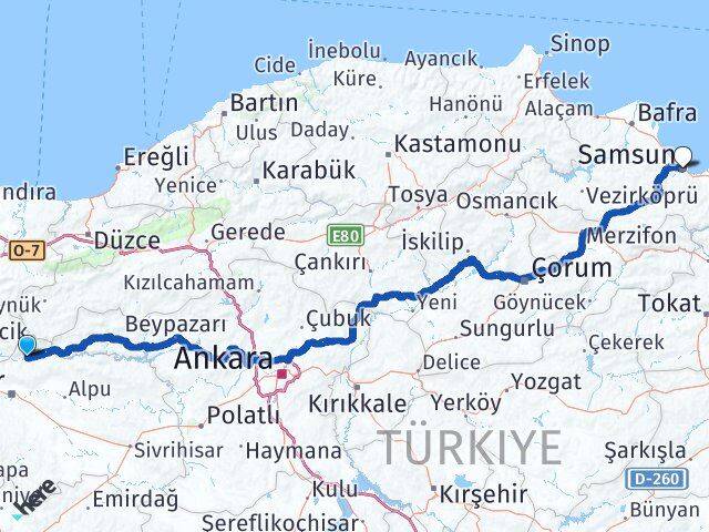 Eskişehir Sarıcakaya Samsun Arası Kaç Km - Yol Haritası