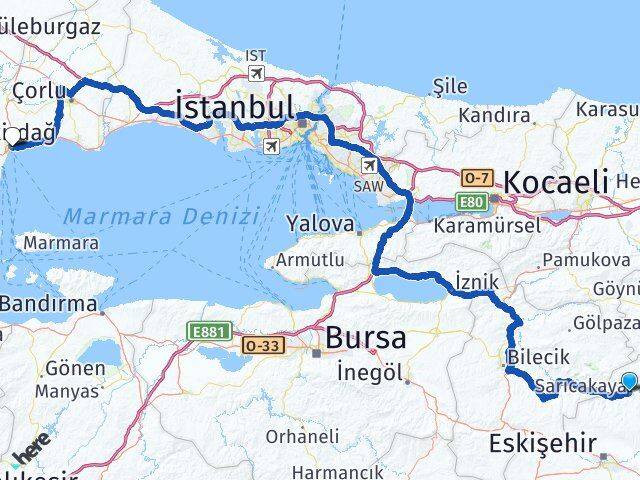 Eskişehir Sarıcakaya Tekirdağ Arası Kaç Km - Yol Haritası