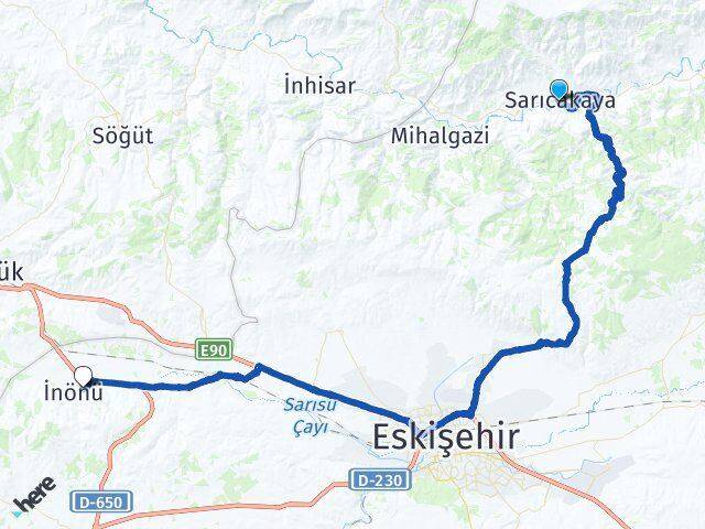 Eskişehir Sarıcakaya Yenice İnönü Arası Kaç Km - Yol Haritası