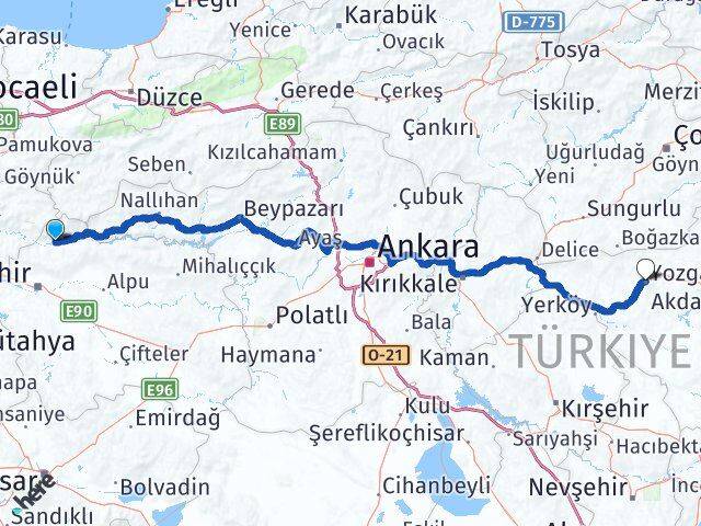 Eskişehir Sarıcakaya Yozgat Arası Kaç Km - Yol Haritası