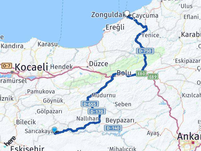 Eskişehir Sarıcakaya Zonguldak Arası Kaç Km - Yol Haritası