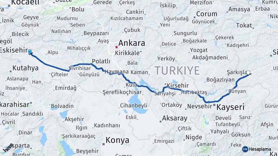 Eskişehir Şarkışla Sivas Arası Kaç Km - Yol Haritası