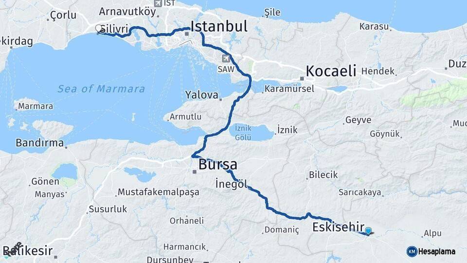 Eskişehir Silivri İstanbul Arası Kaç Km - Yol Haritası