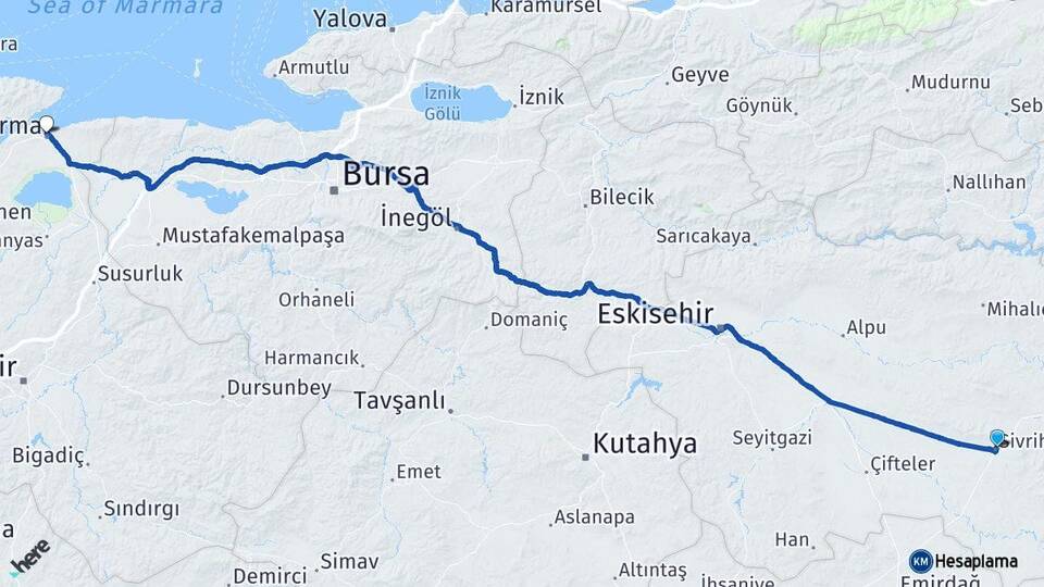 Eskişehir Sivrihisar Bandırma Balıkesir Arası Kaç Km - Yol Haritası