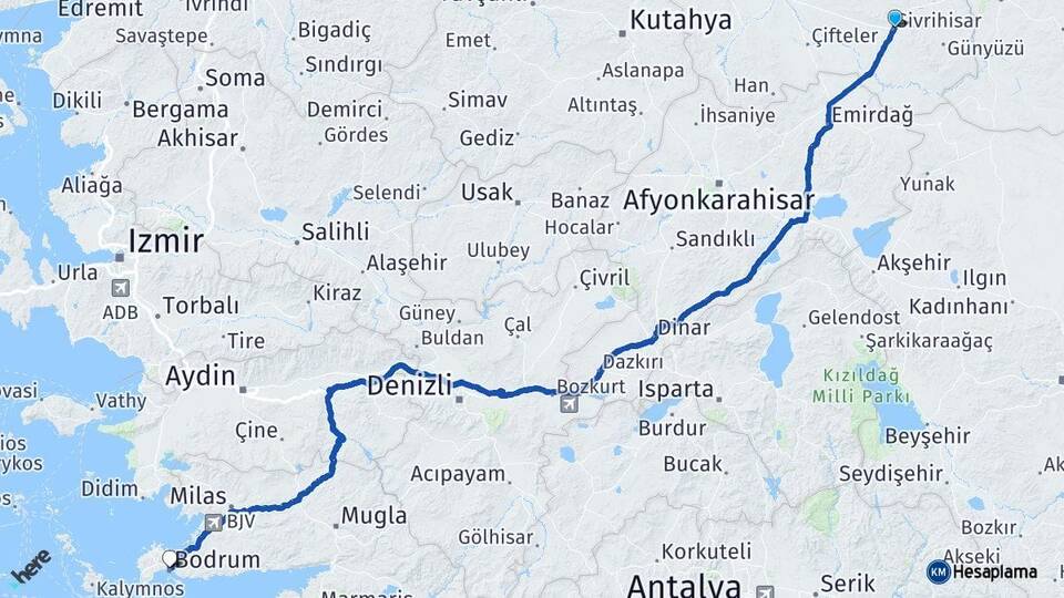 Eskişehir Sivrihisar Bodrum Muğla Arası Kaç Km - Yol Haritası