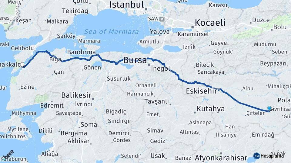 Eskişehir Sivrihisar Çanakkale Arası Kaç Km - Yol Haritası