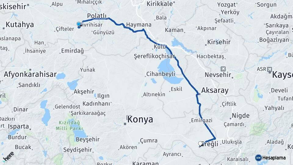 Eskişehir Sivrihisar Ereğli Konya Arası Kaç Km - Yol Haritası