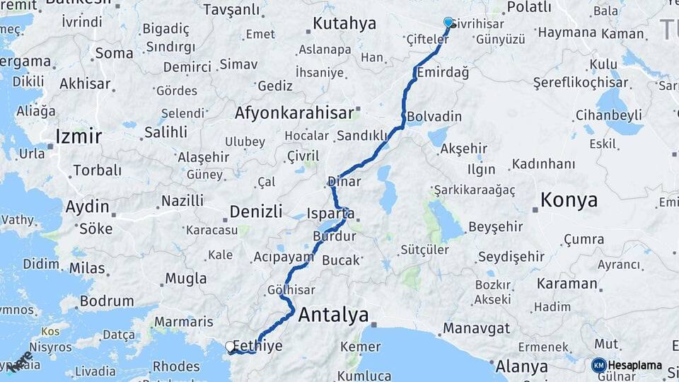 Eskişehir Sivrihisar Fethiye Muğla Arası Kaç Km - Yol Haritası