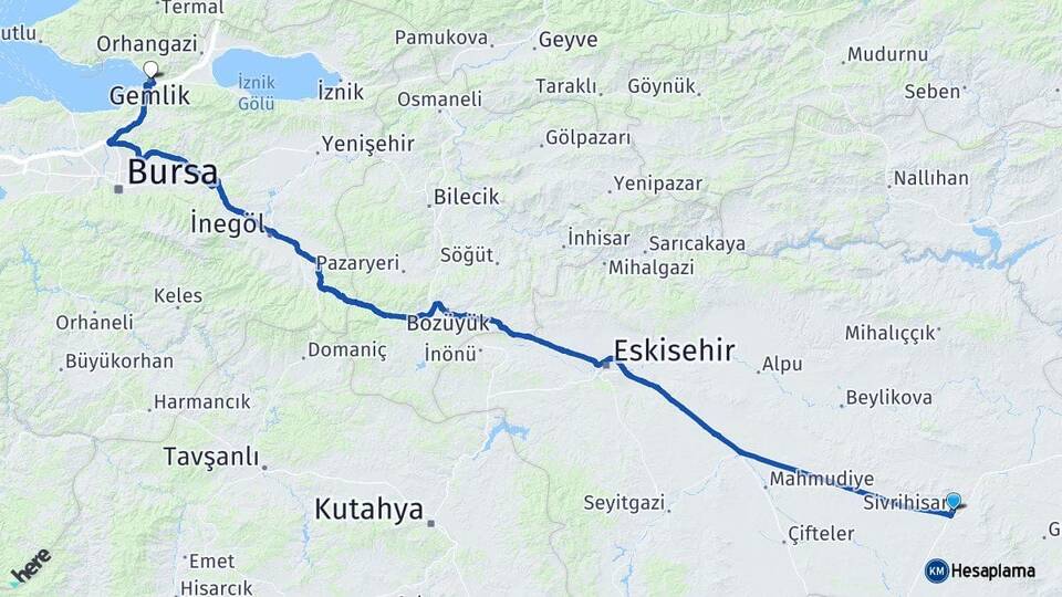 Eskişehir Sivrihisar Gemlik Bursa Arası Kaç Km - Yol Haritası