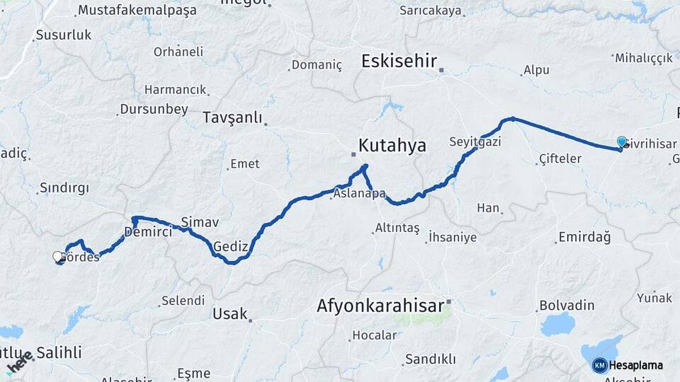Eskişehir Sivrihisar Gördes Manisa Arası Kaç Km - Yol Haritası